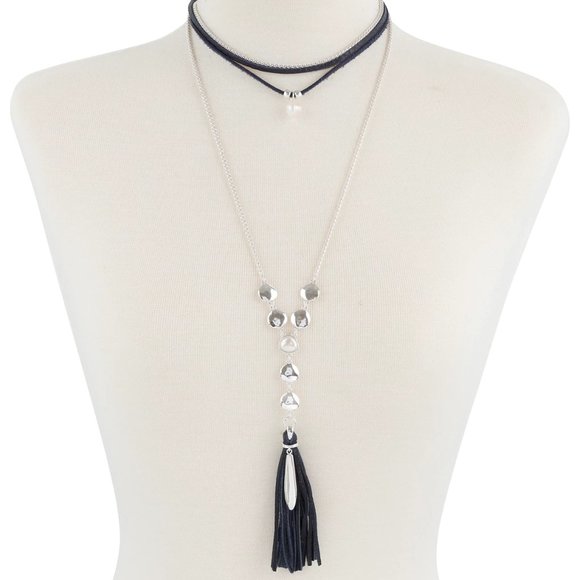 Lucky Brand Silver-Tone Imitation Pearl & Navy Leather Layered Lariat Necklace - Picture 1 of 2